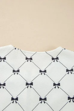 Sale Dear-Lover Bowknot Print Front Knots Bubble Sleeve Blouse White