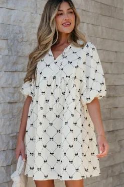Sale Dear-Lover Bowtie Pattern Textured Puff Half Sleeve Loose Mini Dress White