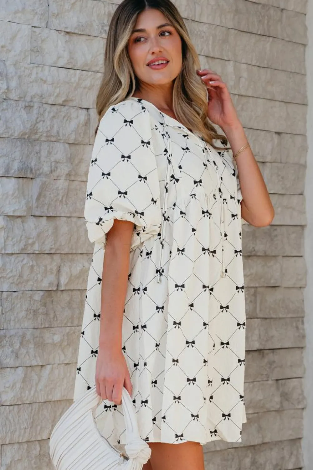 Sale Dear-Lover Bowtie Pattern Textured Puff Half Sleeve Loose Mini Dress White
