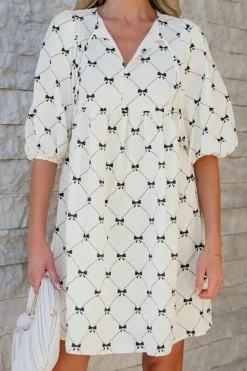Sale Dear-Lover Bowtie Pattern Textured Puff Half Sleeve Loose Mini Dress White