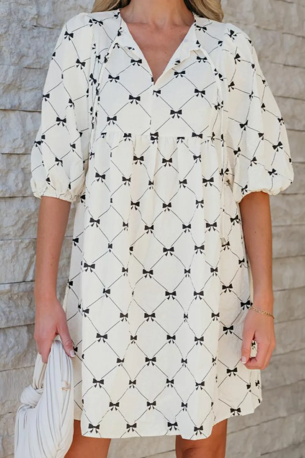 Sale Dear-Lover Bowtie Pattern Textured Puff Half Sleeve Loose Mini Dress White