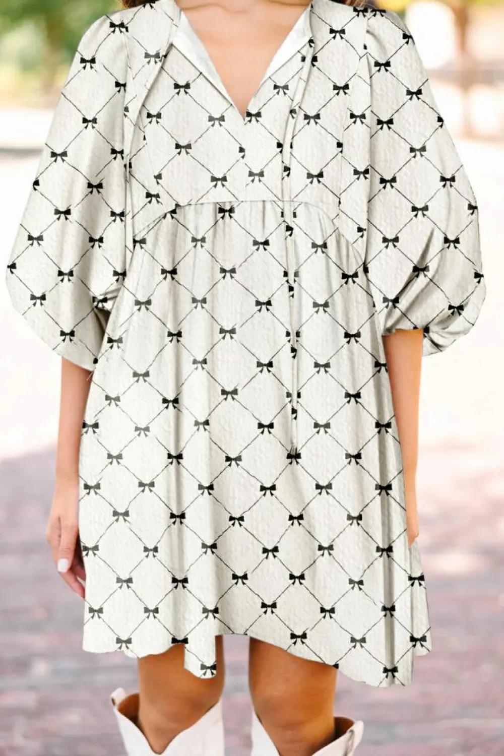 Sale Dear-Lover Bowtie Pattern Textured Puff Half Sleeve Loose Mini Dress White