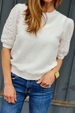 Fashion Dear-Lover Broderie Anglaise Puff Sleeve Waffle Knit Tee White