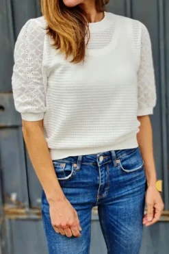 Fashion Dear-Lover Broderie Anglaise Puff Sleeve Waffle Knit Tee White