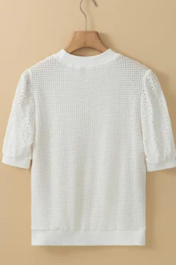 Fashion Dear-Lover Broderie Anglaise Puff Sleeve Waffle Knit Tee White