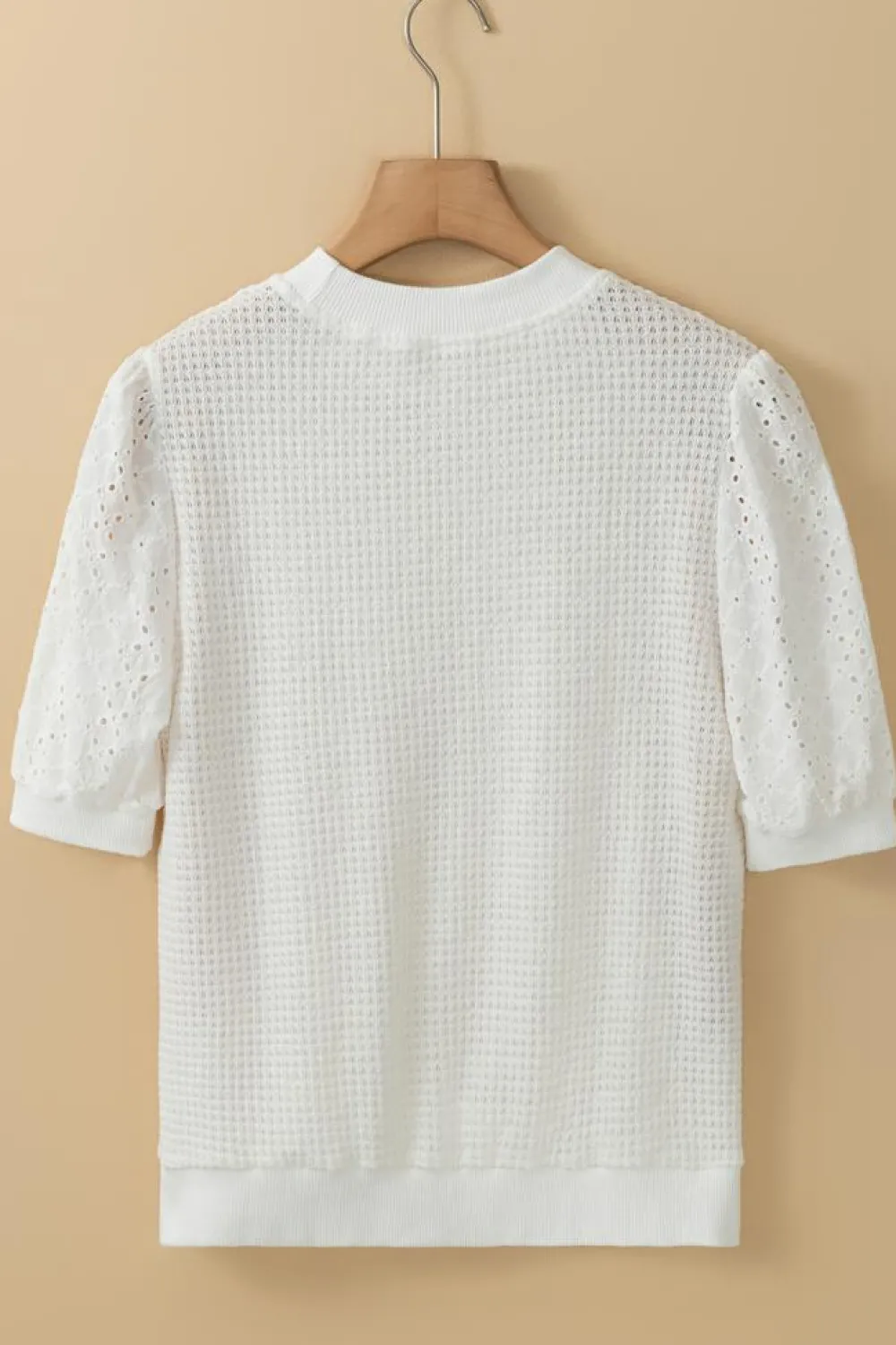 Fashion Dear-Lover Broderie Anglaise Puff Sleeve Waffle Knit Tee White