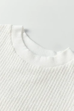 Fashion Dear-Lover Broderie Anglaise Puff Sleeve Waffle Knit Tee White