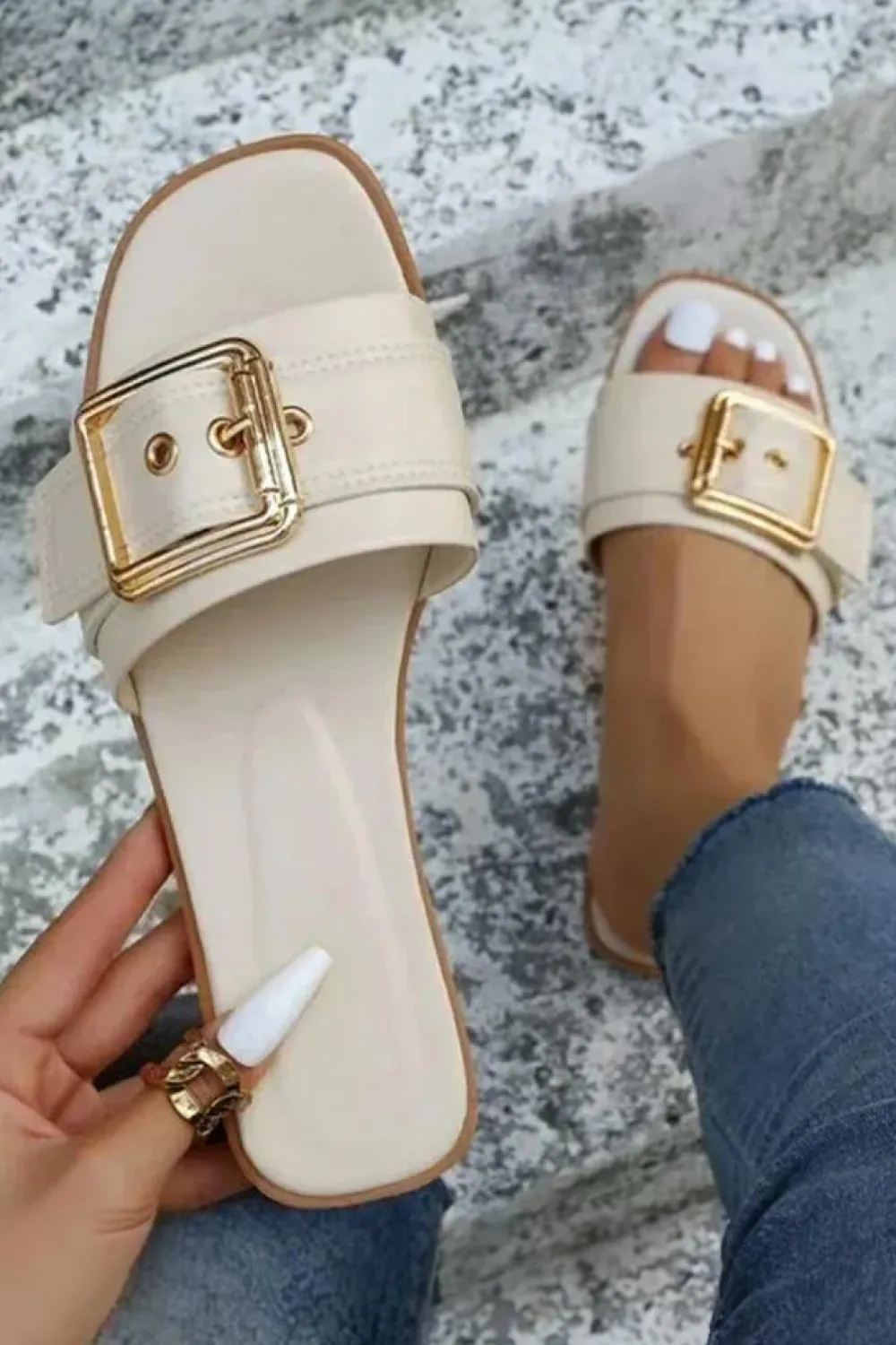 Fashion Dear-Lover Buckle Decor PU Leather Flat Slippers White