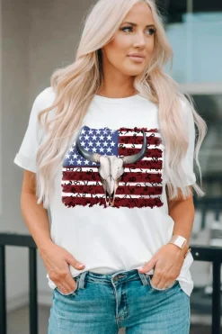 Fashion Dear-Lover Bull Skull American Flag Graphic Tee White