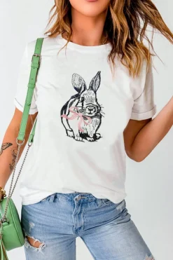 Hot Dear-Lover Bunny Embroidered Bow Graphic Tee White