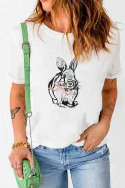 Hot Dear-Lover Bunny Embroidered Bow Graphic Tee White