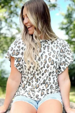 Best Dear-Lover Butterfly Sleeve Leopard Print Top White
