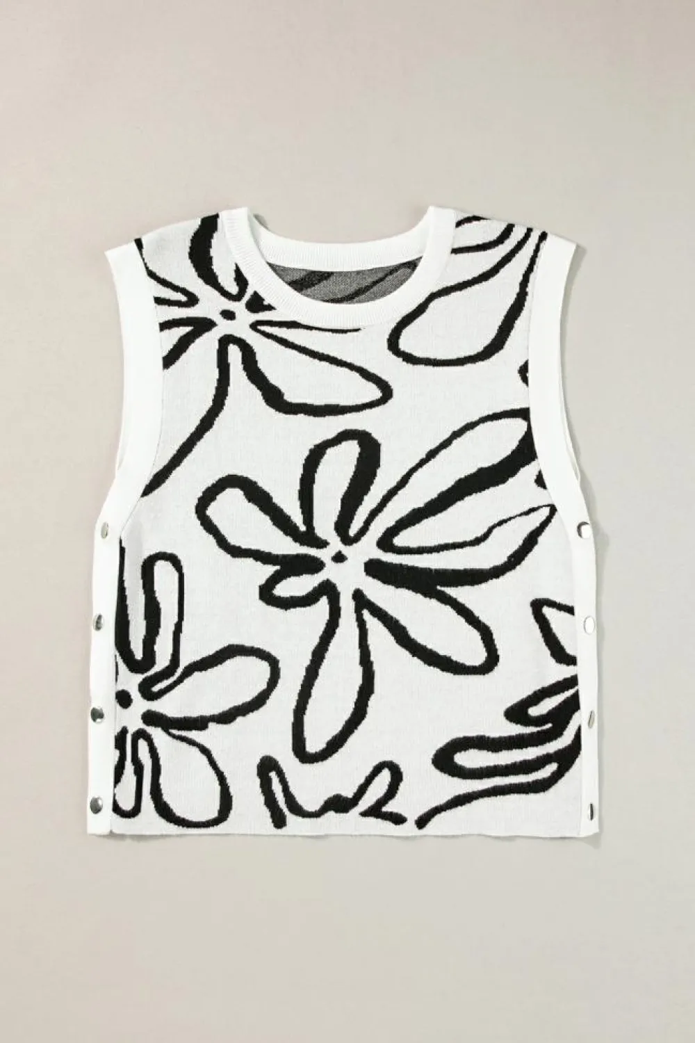 Outlet Dear-Lover Button Sides Sleeveless Floral Knitted Top White