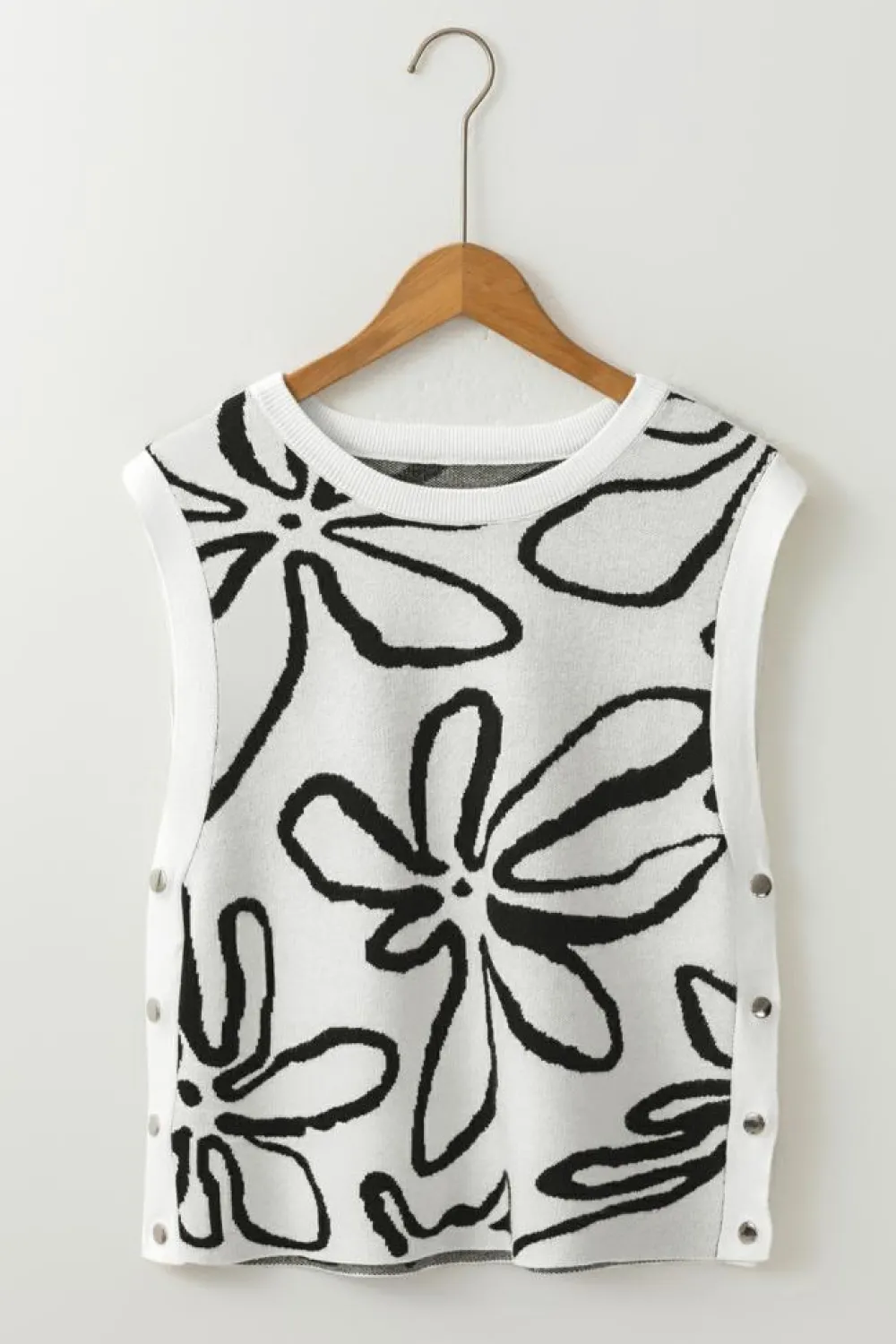 Outlet Dear-Lover Button Sides Sleeveless Floral Knitted Top White
