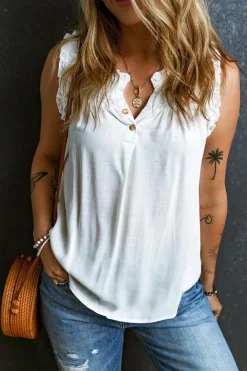 Outlet Dear-Lover Button Split Neck Ruffled Trim Tank Top White