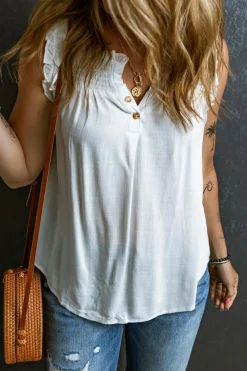 Outlet Dear-Lover Button Split Neck Ruffled Trim Tank Top White
