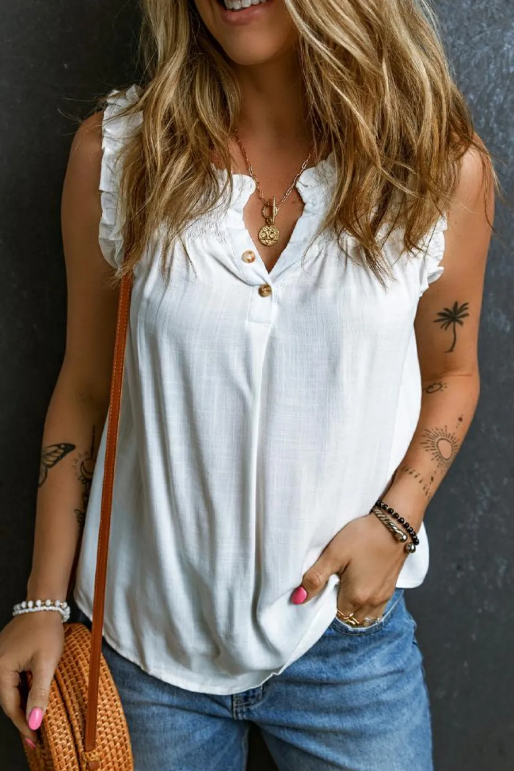 Outlet Dear-Lover Button Split Neck Ruffled Trim Tank Top White