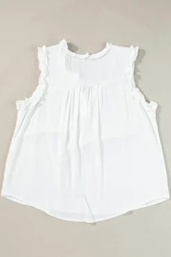 Outlet Dear-Lover Button Split Neck Ruffled Trim Tank Top White