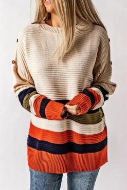 Sale Dear-Lover Buttoned Shoulder Drop Shoulder Striped Sweater White