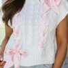 New Dear-Lover Cable Knit Colorblock Satin Bowknot Short Sleeve Sweater White