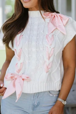 New Dear-Lover Cable Knit Colorblock Satin Bowknot Short Sleeve Sweater White
