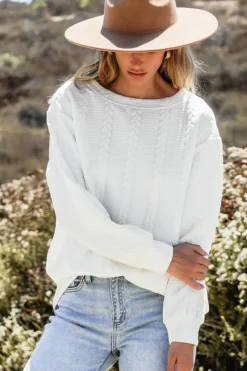 New Dear-Lover Cable Textured Long Sleeve Round Neck Top White