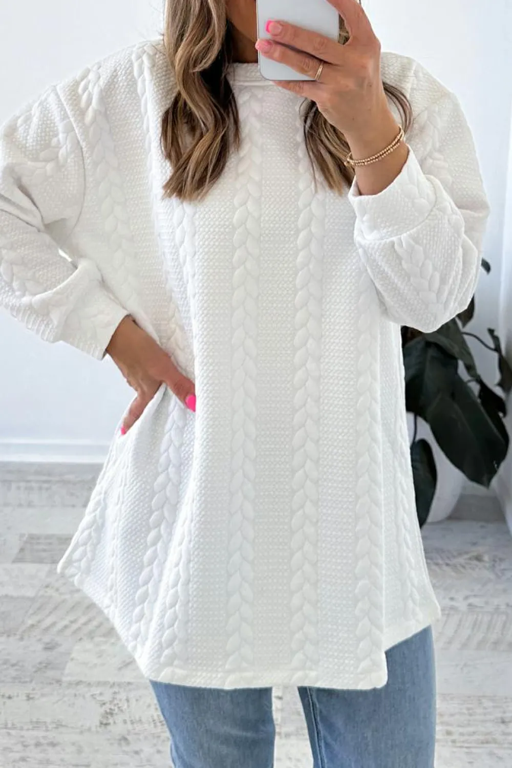 New Dear-Lover Cable Textured Long Sleeve Round Neck Top White