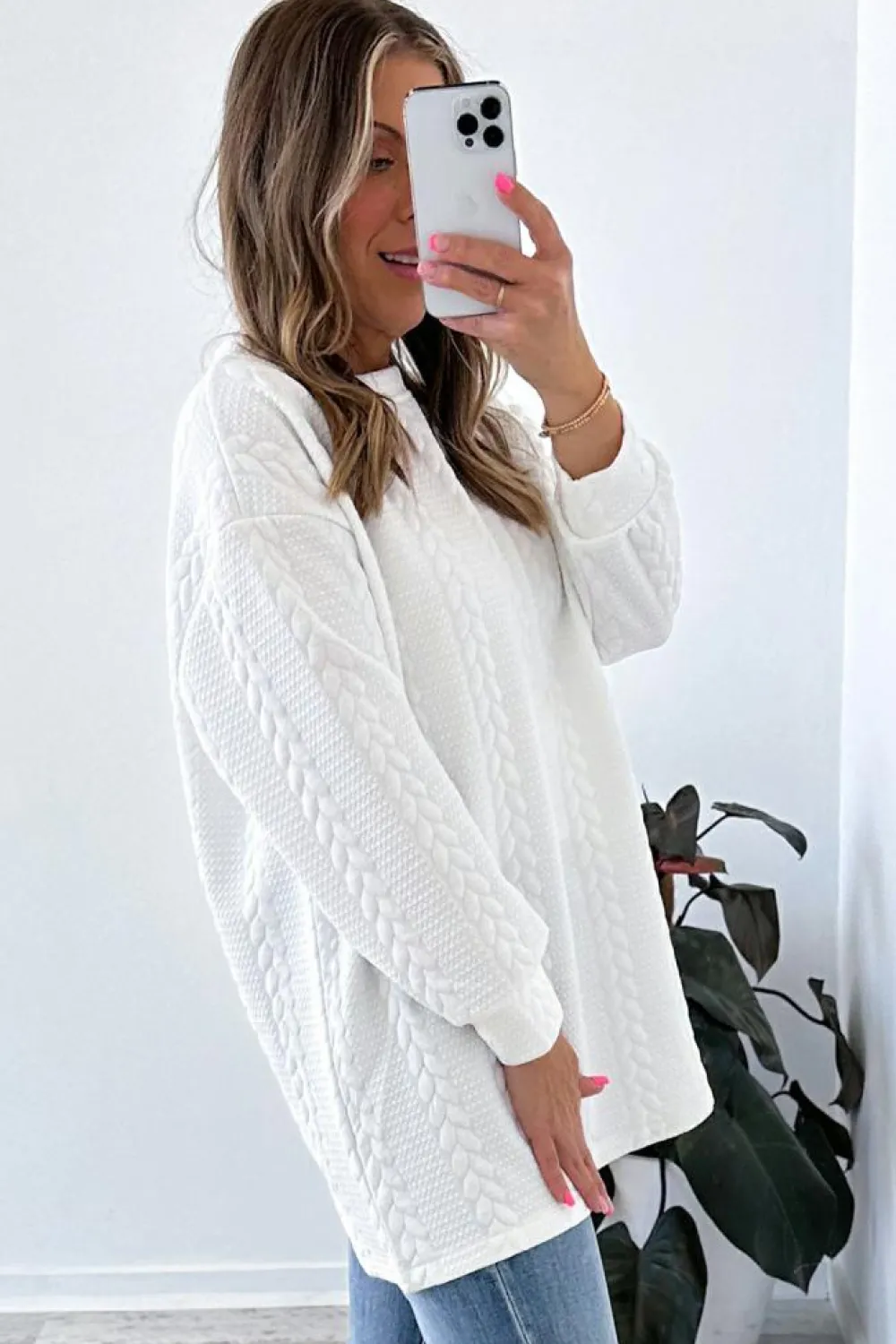 New Dear-Lover Cable Textured Long Sleeve Round Neck Top White