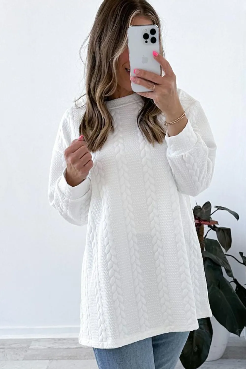 New Dear-Lover Cable Textured Long Sleeve Round Neck Top White