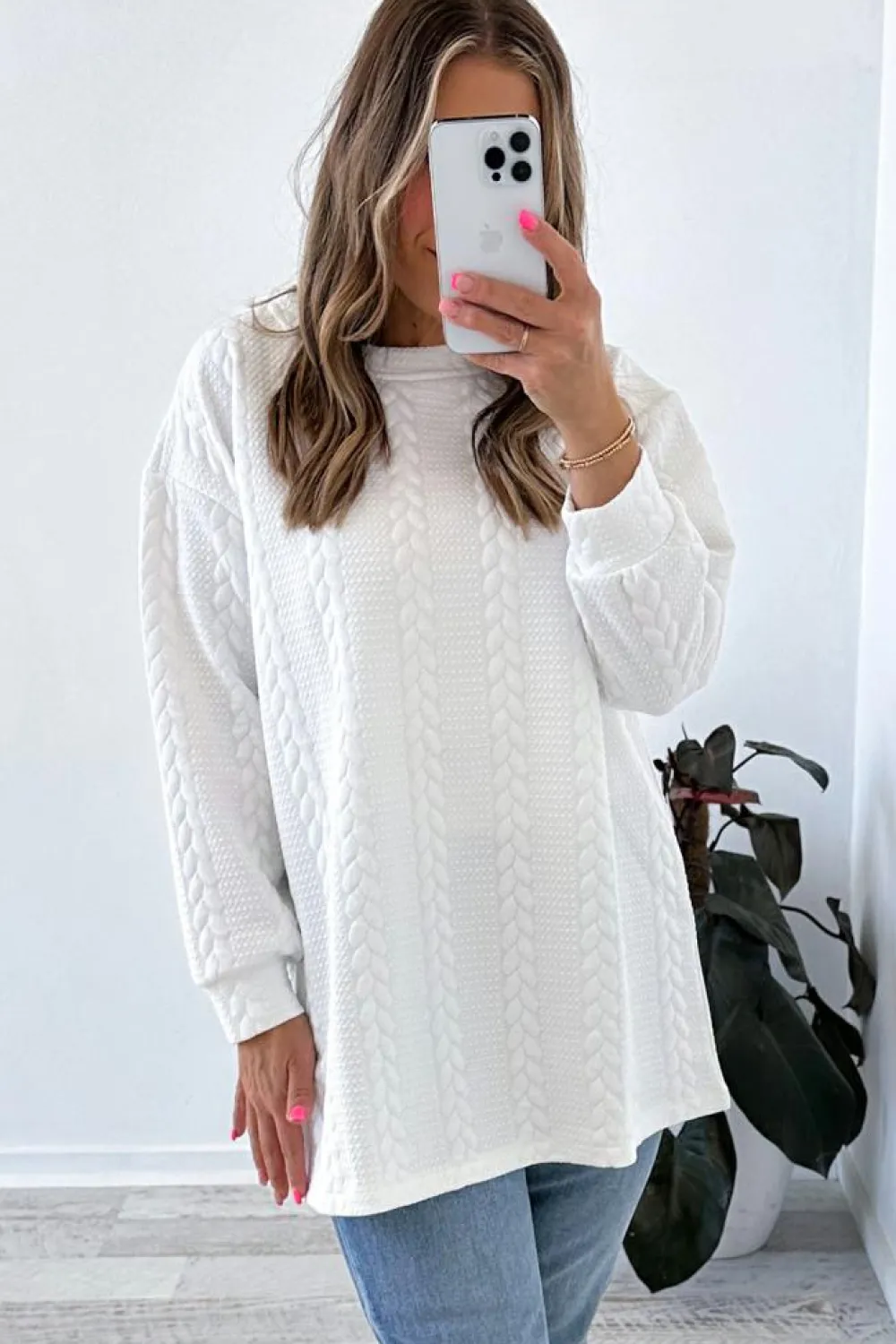 New Dear-Lover Cable Textured Long Sleeve Round Neck Top White