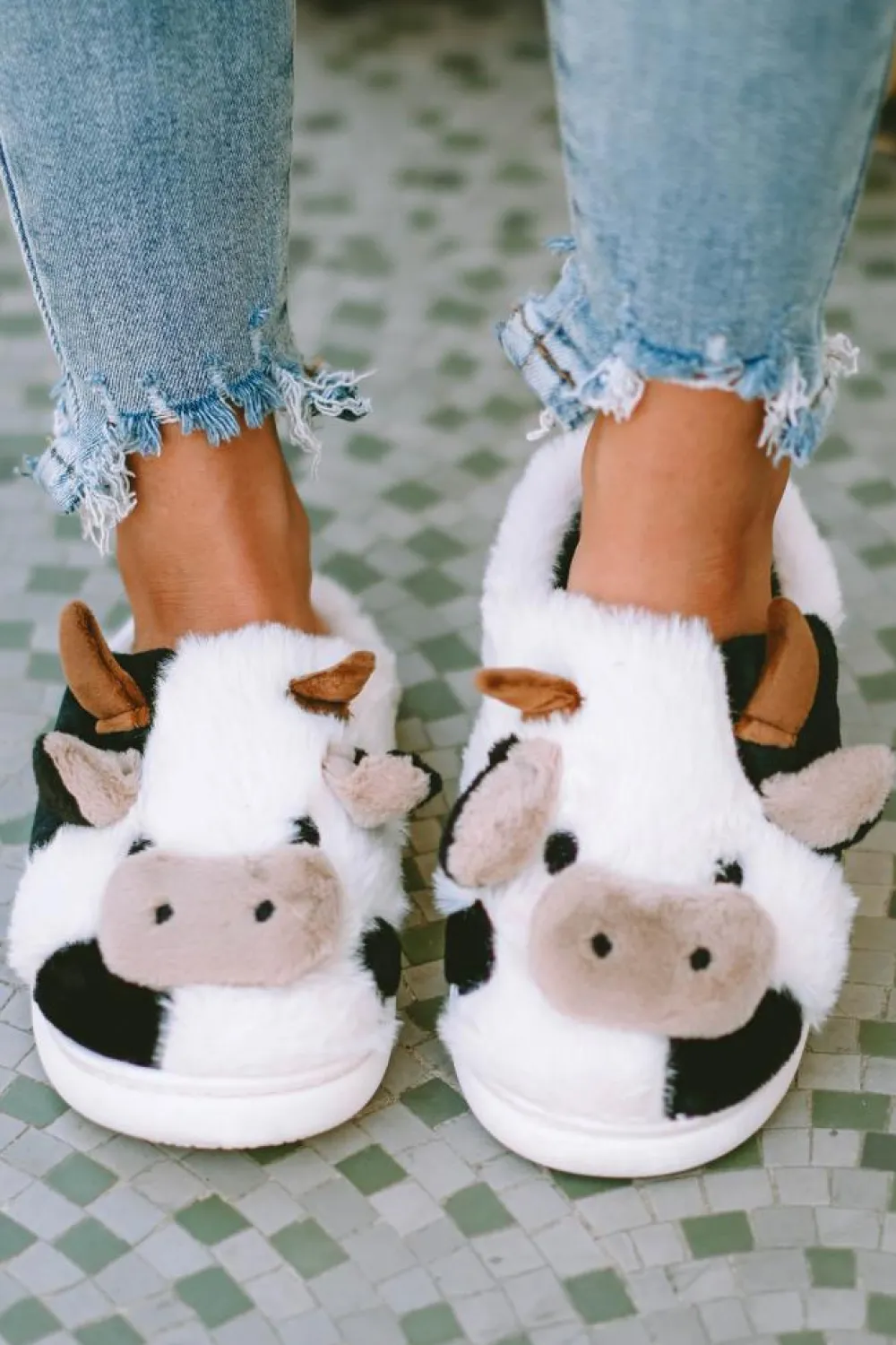 Outlet Dear-Lover Cartoon Animal Cow Plush Slippers White
