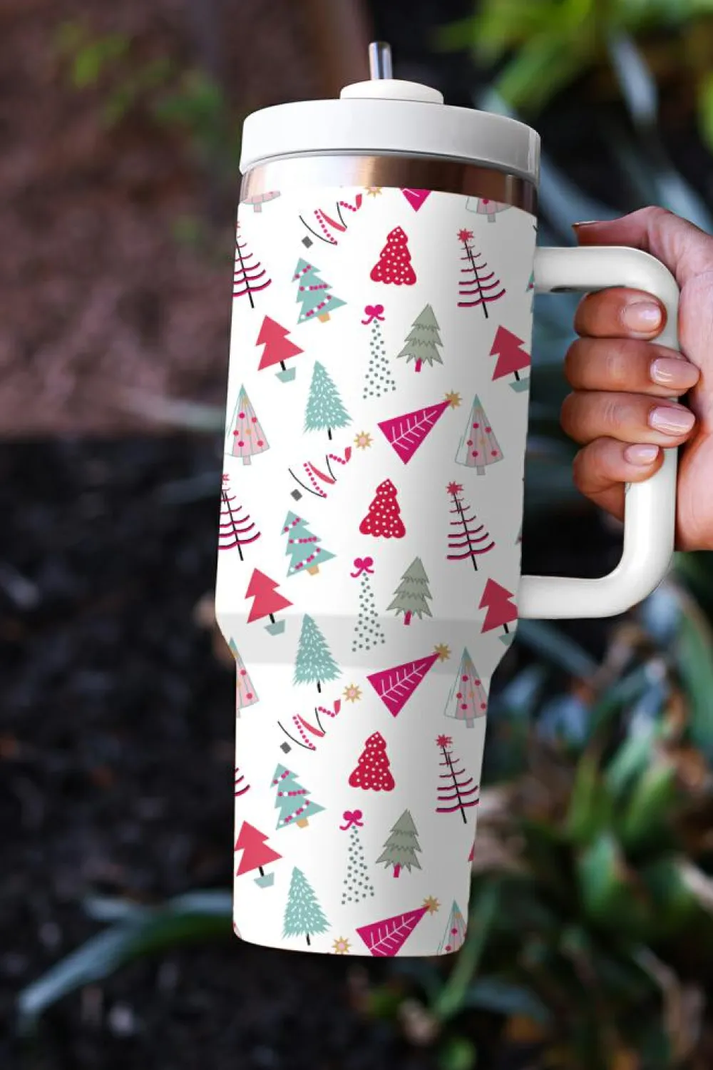 Hot Dear-Lover Cartoon Christmas Tree Printed Thermos Cup 40oz White