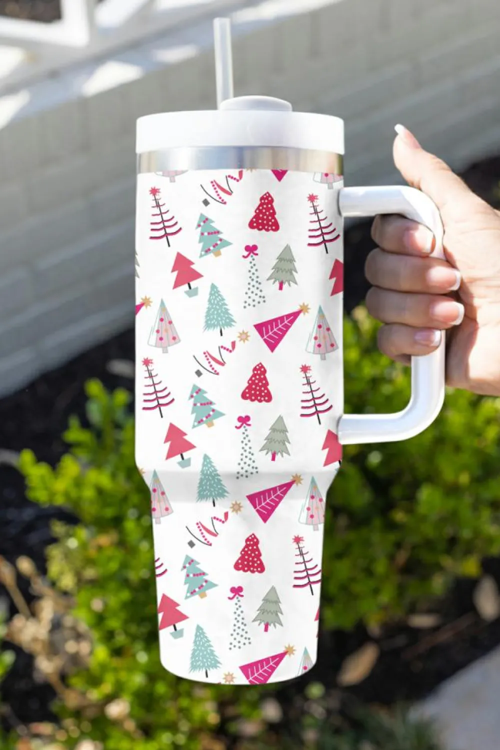 Hot Dear-Lover Cartoon Christmas Tree Printed Thermos Cup 40oz White