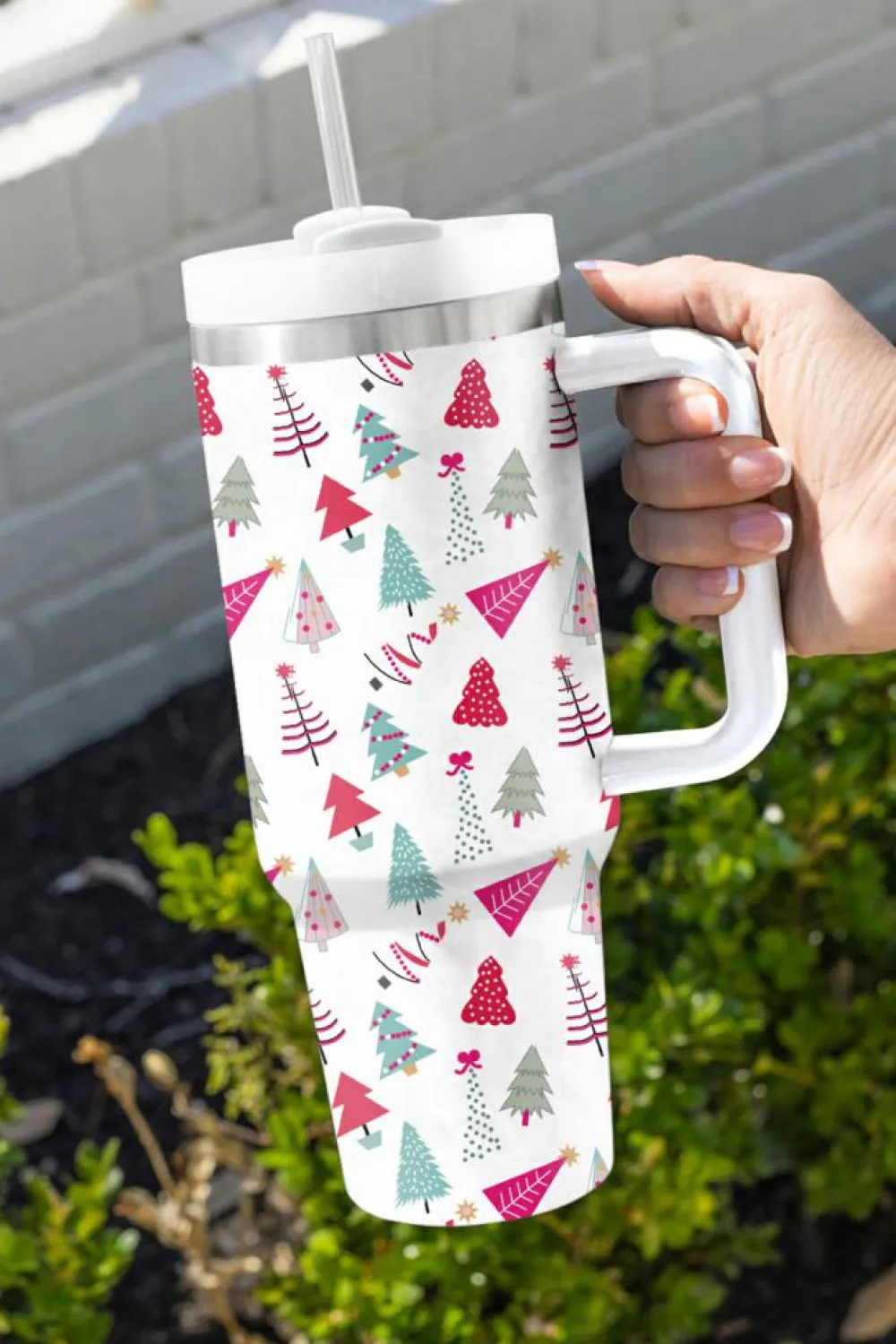 Hot Dear-Lover Cartoon Christmas Tree Printed Thermos Cup 40oz White