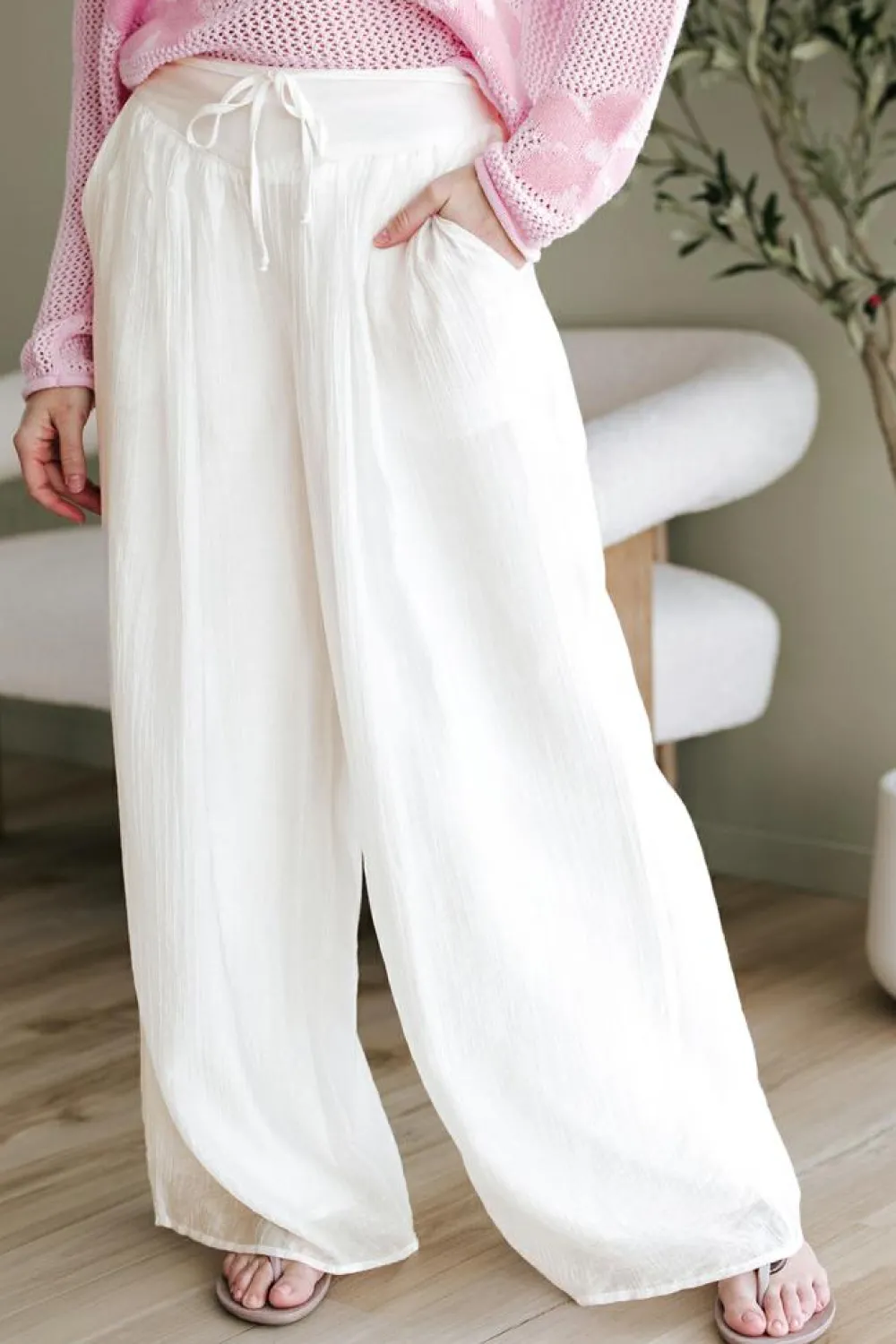 Best Dear-Lover Casual Tie Waist Pleated Wide Leg Pants White