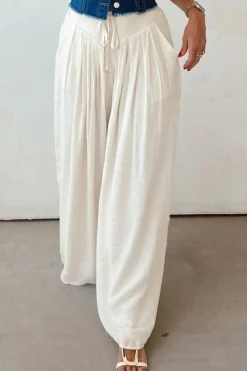 Best Dear-Lover Casual Tie Waist Pleated Wide Leg Pants White