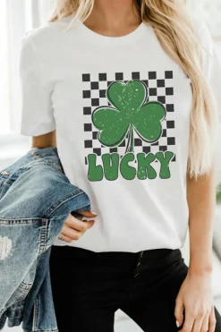 Hot Dear-Lover Checker LUCKY Clover Printed St Patricks T Shirt White