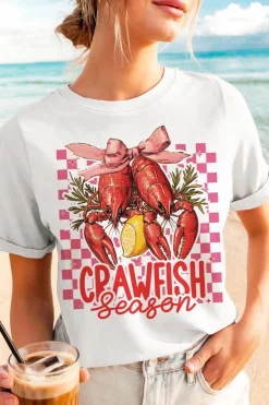 Outlet Dear-Lover Checkerboard Bow Crawfish Season Printed Crewneck T Shirt White