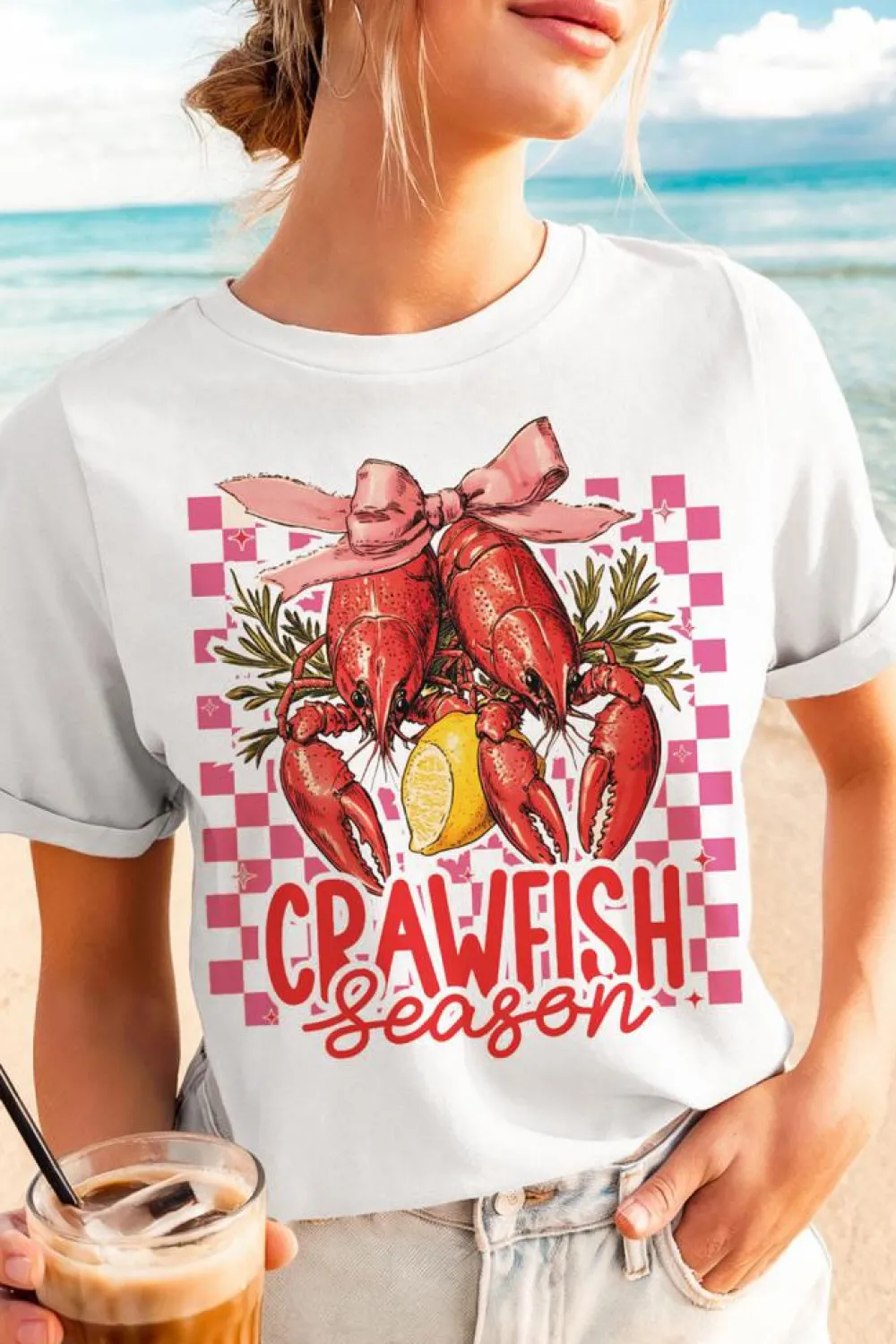 Outlet Dear-Lover Checkerboard Bow Crawfish Season Printed Crewneck T Shirt White