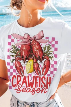 Outlet Dear-Lover Checkerboard Bow Crawfish Season Printed Crewneck T Shirt White