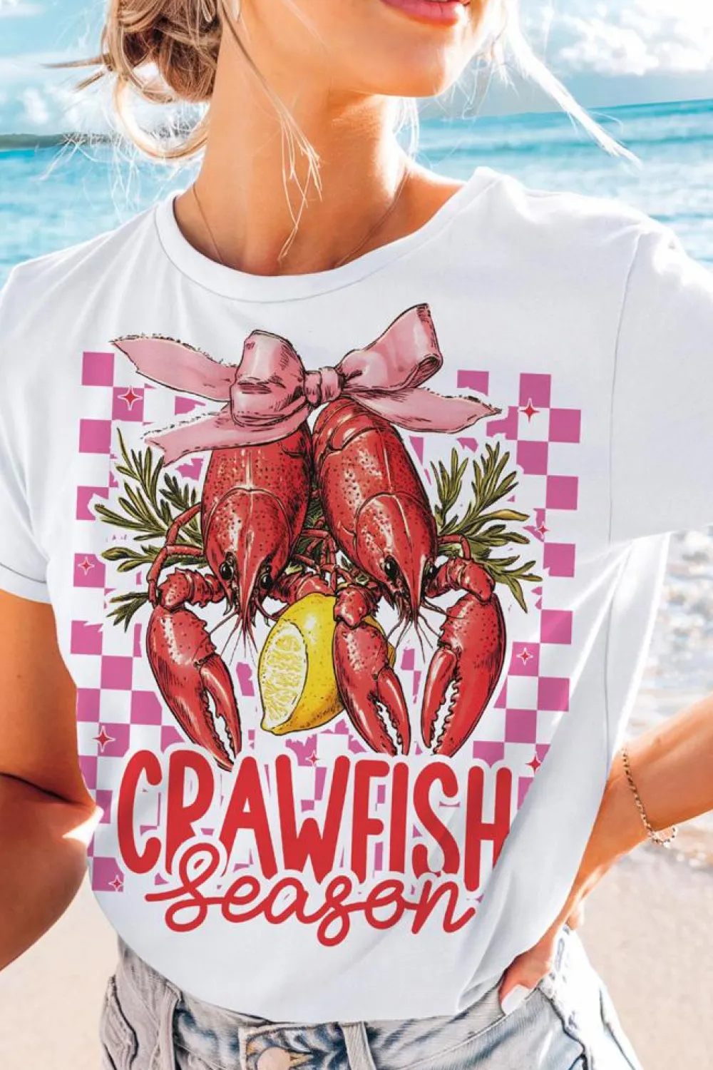 Outlet Dear-Lover Checkerboard Bow Crawfish Season Printed Crewneck T Shirt White