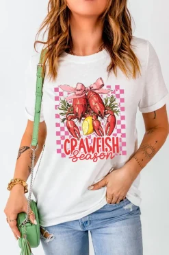 Outlet Dear-Lover Checkerboard Bow Crawfish Season Printed Crewneck T Shirt White