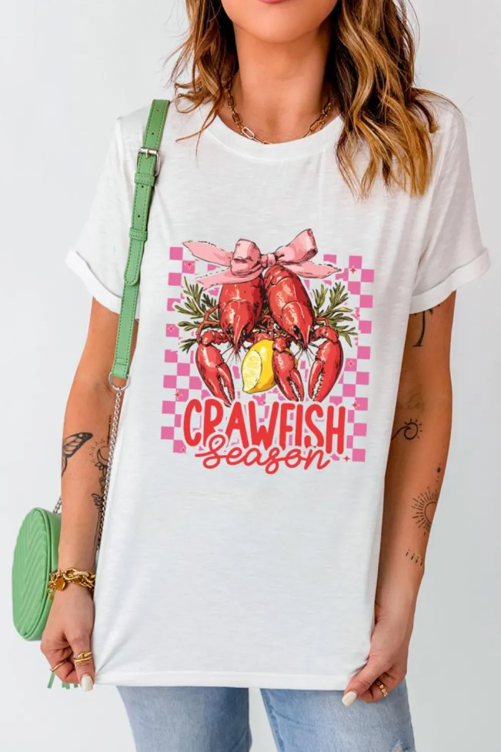 Outlet Dear-Lover Checkerboard Bow Crawfish Season Printed Crewneck T Shirt White