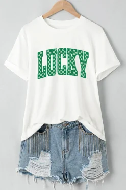 Best Dear-Lover Checkerboard LUCKY Graphic St Patrick Tee White