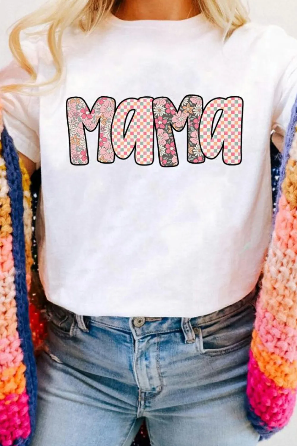 Outlet Dear-Lover Checkered Floral MaMa Graphic Crewneck T Shirt White