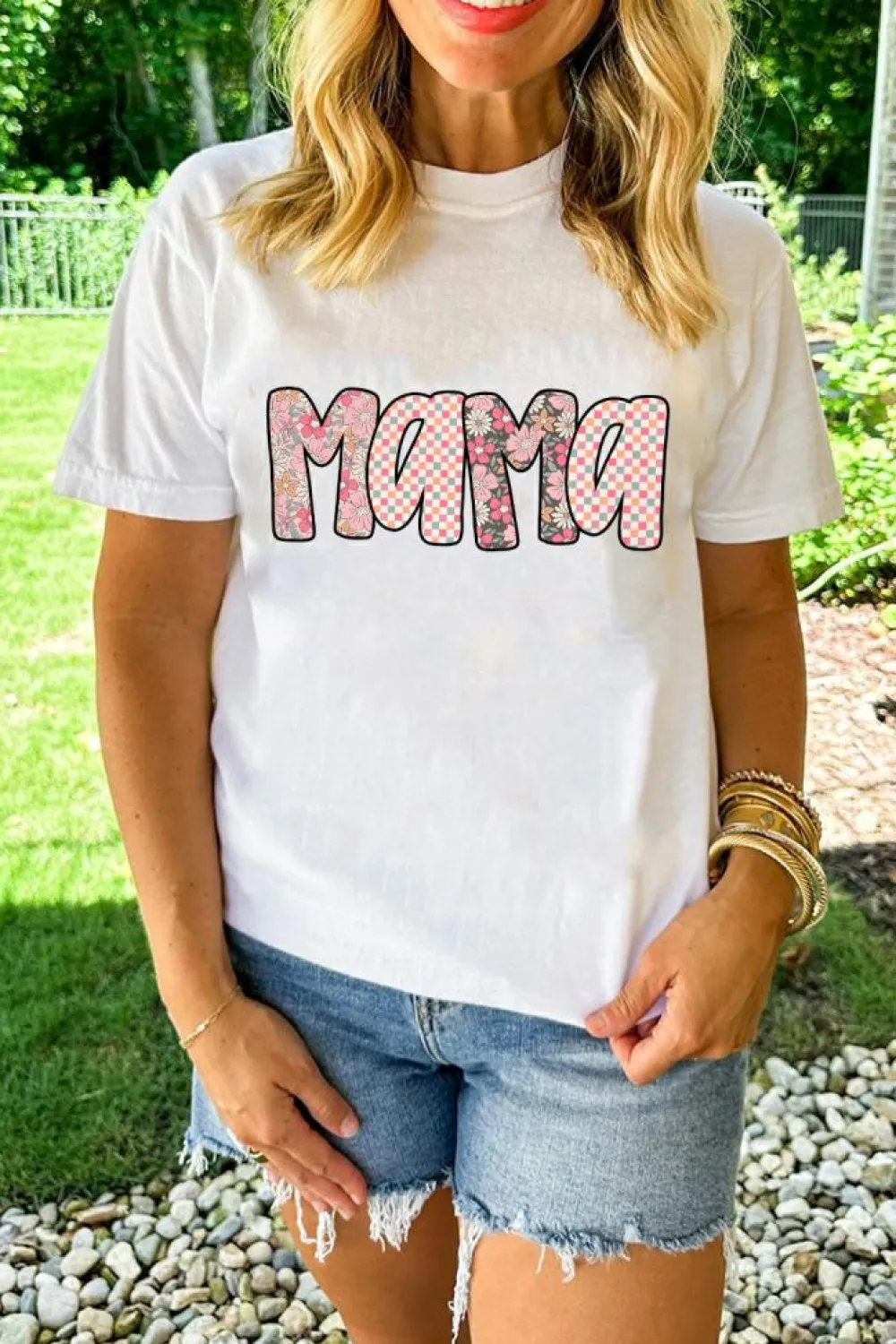 Outlet Dear-Lover Checkered Floral MaMa Graphic Crewneck T Shirt White