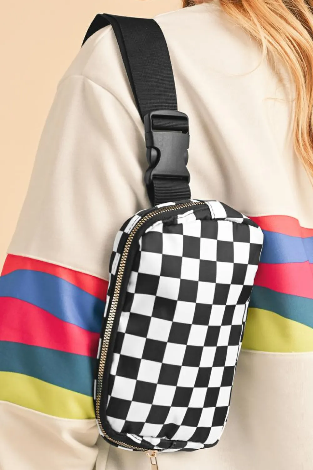 Best Dear-Lover Checkered Print Buckle Wide Belt Crossbody Bag White