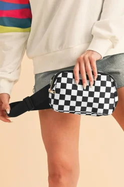 Best Dear-Lover Checkered Print Buckle Wide Belt Crossbody Bag White
