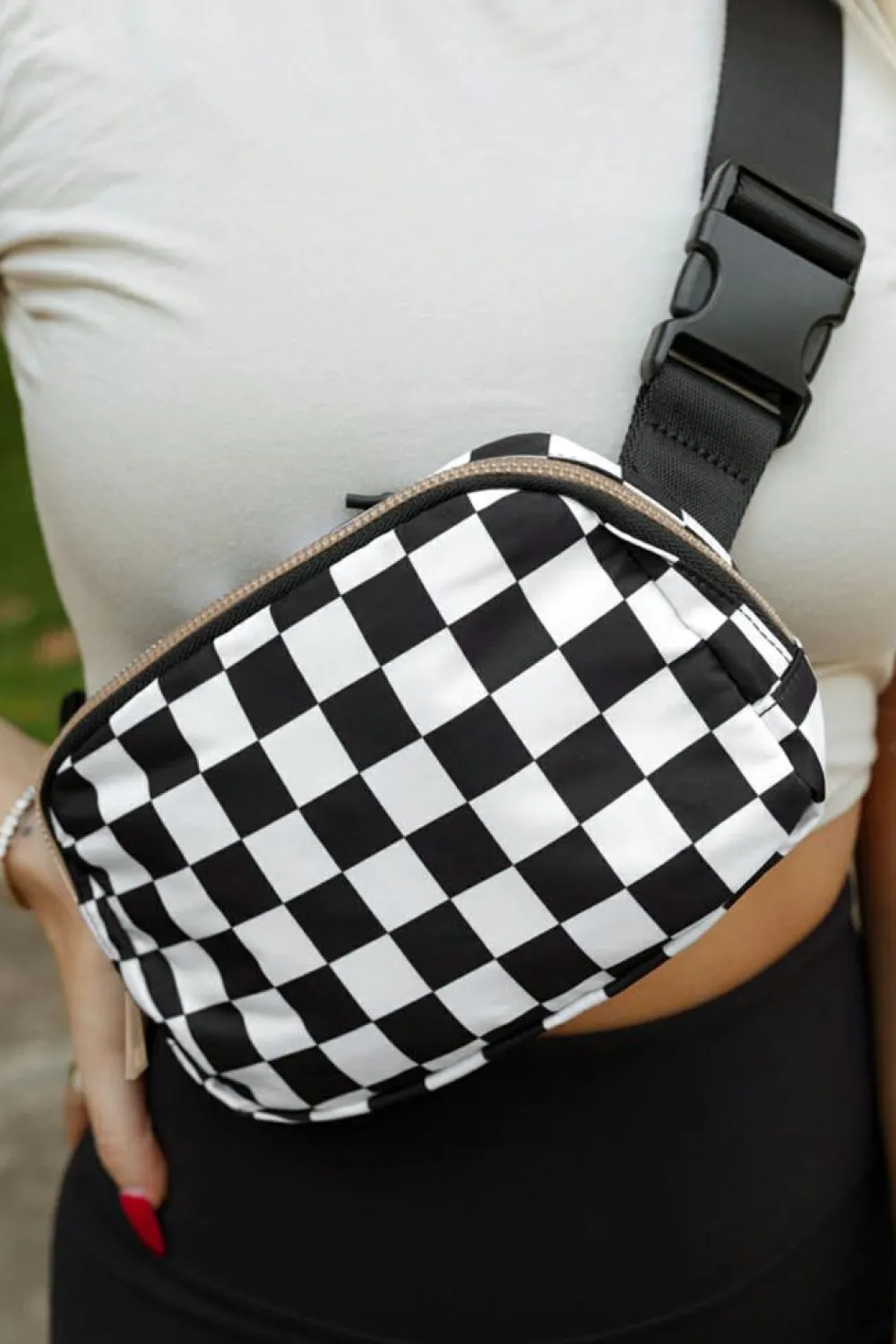 Best Dear-Lover Checkered Print Buckle Wide Belt Crossbody Bag White