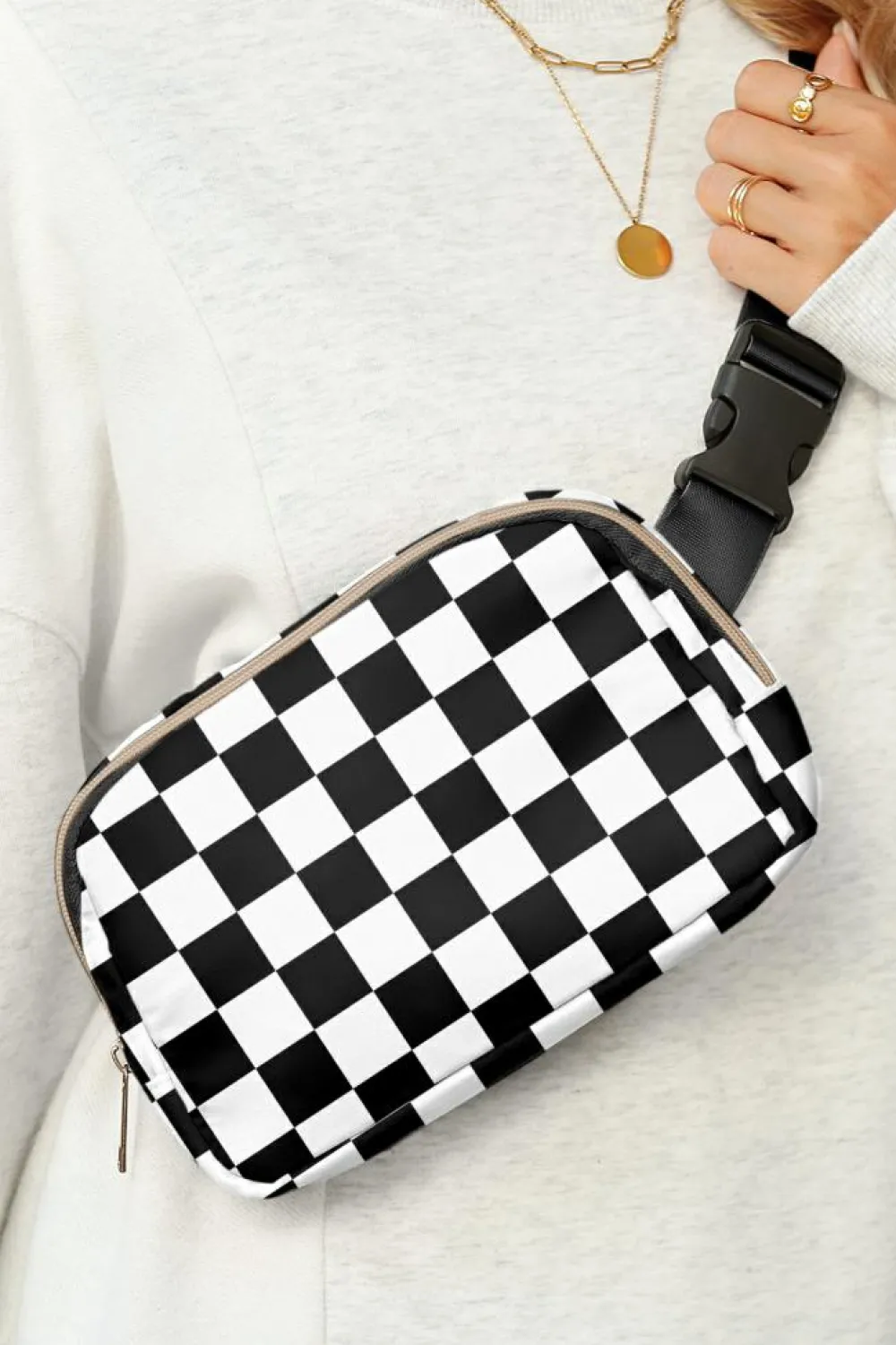 Best Dear-Lover Checkered Print Buckle Wide Belt Crossbody Bag White